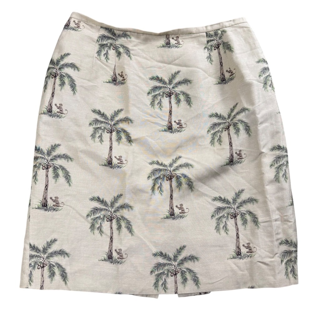 Talbots Tropical Palm Tree‎ Monkey Skirt Womens 12 Silk Linen Beige Resortcore